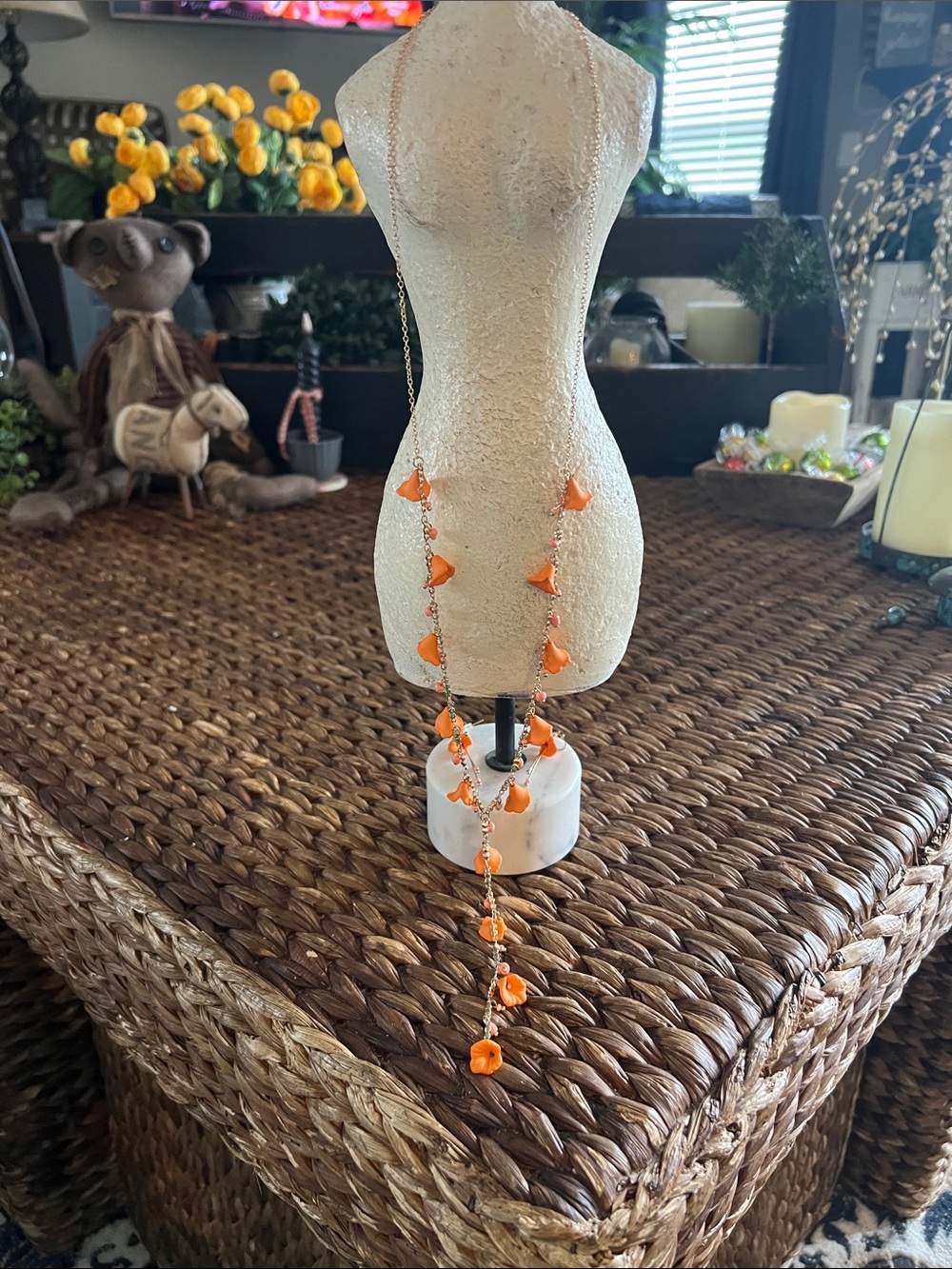 Delicate Orange flower Beaded Long Necklace with matching earrings